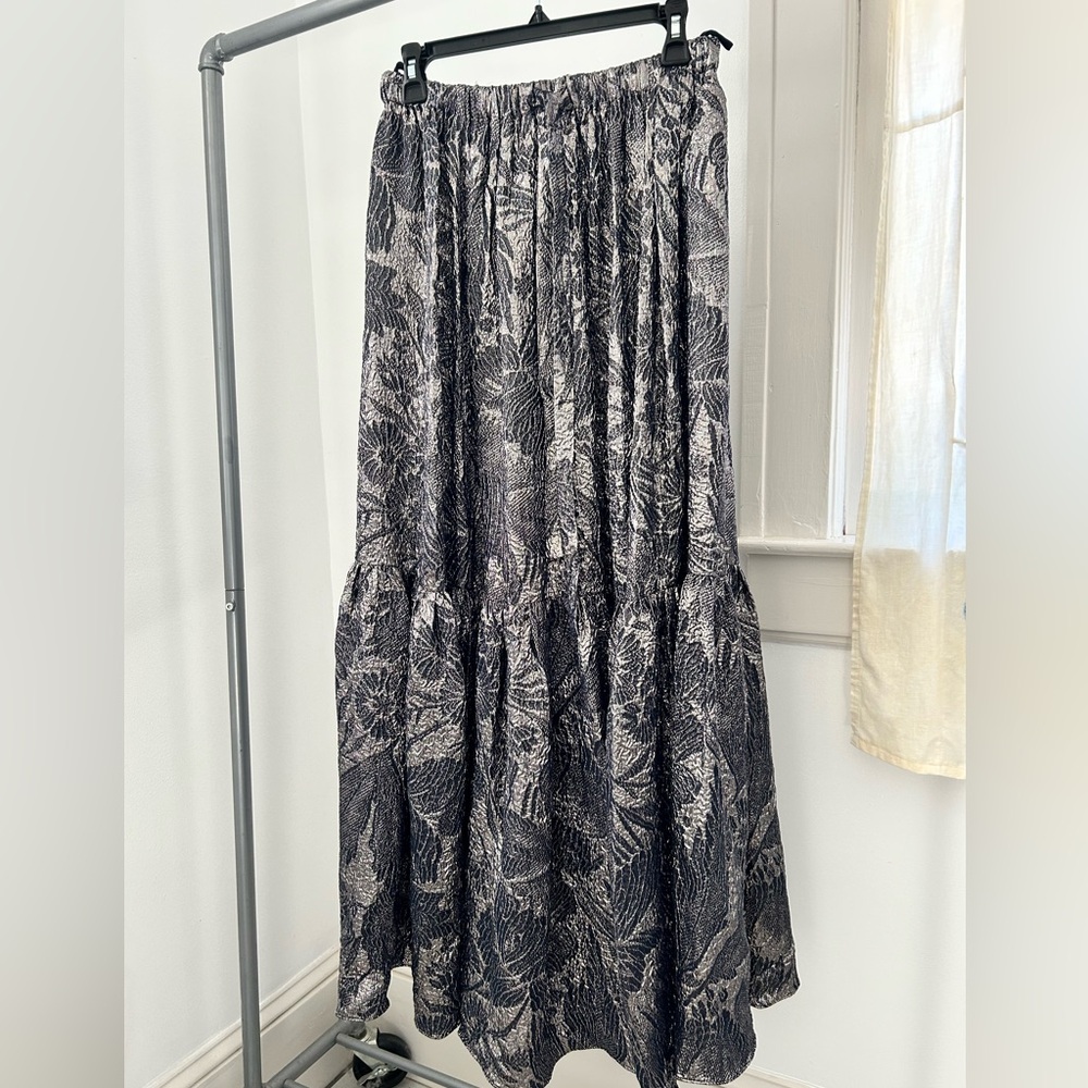 NWT Ulla Johnson Silk Lamé Karolina Skirt - 6 - Navy/Pewter